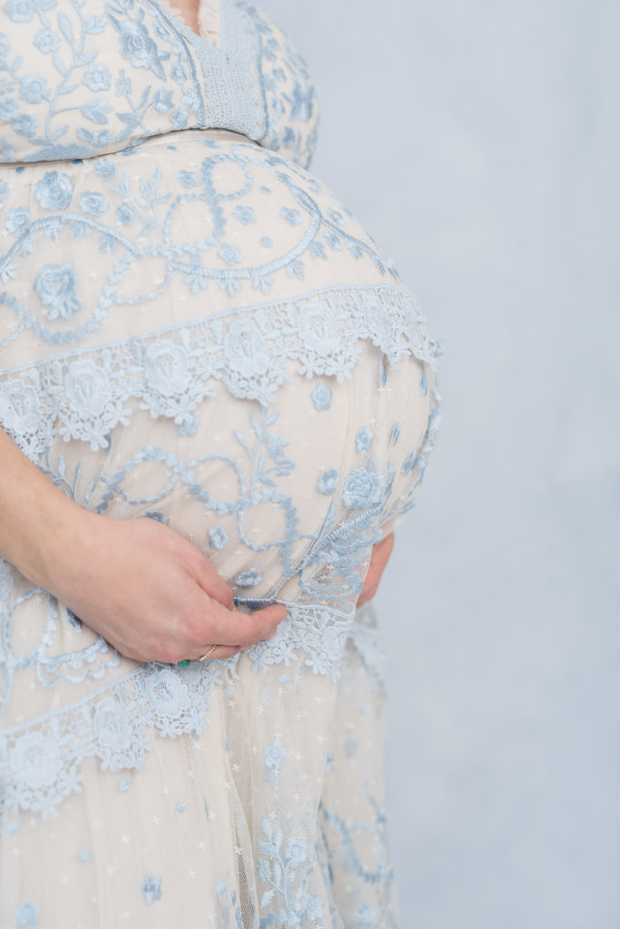 Blue floral lace maternity gown at Ithaca NY studio