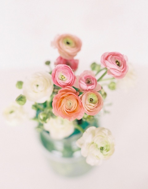 Bouquet of flowers in pink, white, and coral taken by Ithaca photographer Norabloom.